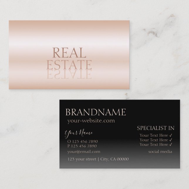 Tarjeta De Visita Moderno Rosa Gold Black Mirror Letters Profesional (Anverso / Reverso)