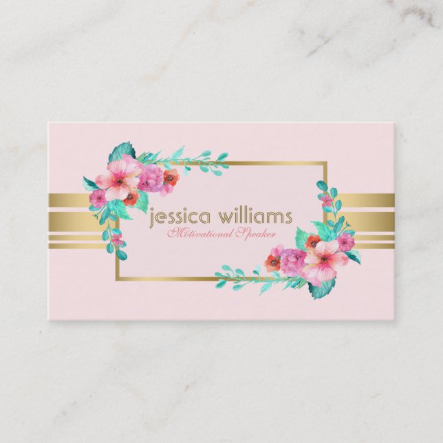 Tarjeta De Visita Moderno, rosa pastel, flores y acento dorado (Anverso)