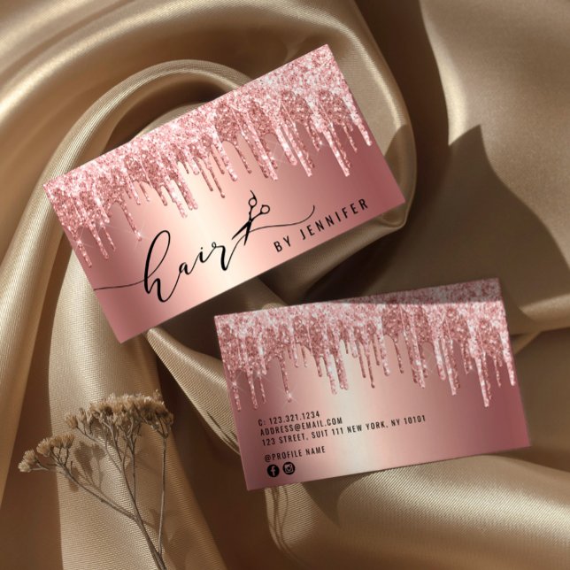 Tarjeta De Visita Moderno rosa purpurina de oro tijeras peluquero (Subido por el creador)