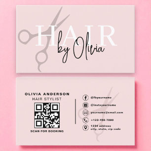 Tarjeta De Visita Moderno Rubor Pink Scissors QR Code Hair Stylist