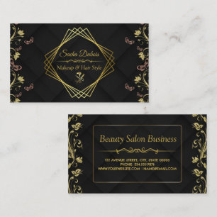 Tarjeta De Visita Moderno Salón De Belleza De Oro De Flores Negras Y