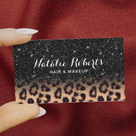 Tarjeta De Visita Moderno salón de belleza Leopard Purpurina negro