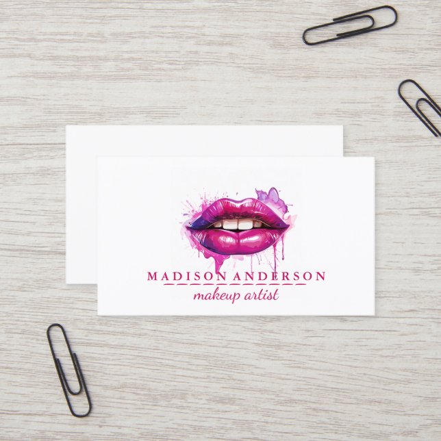 Tarjeta De Visita Moderno salón de labios rosados artista de maquill (Anverso/Reverso In Situ)