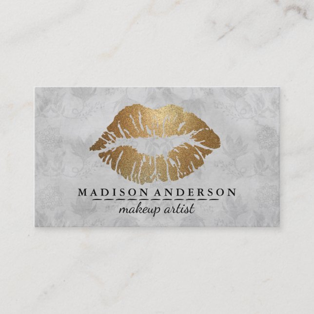 Tarjeta De Visita Moderno Salón Negro Gold Lips Maquillaje Artis Neg (Anverso)