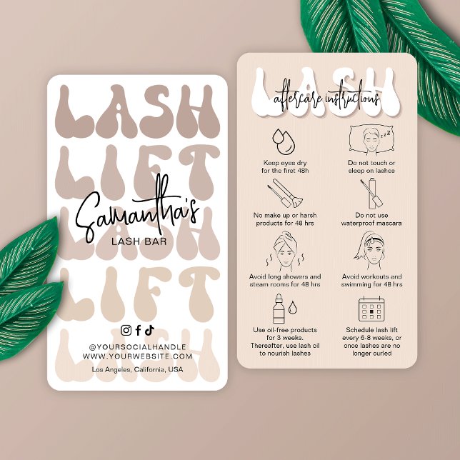 Tarjeta De Visita Moderno Salón Retro De Bebida Beige Lash Lift Tint (Lash Lift & Tint care instructions cards in beige & white with retro fonts and care icons)