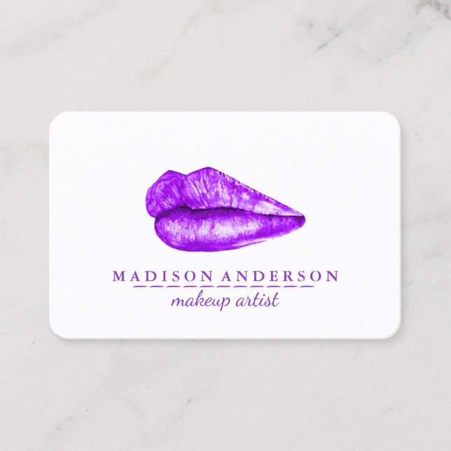 Tarjeta De Visita Moderno salón violeta labios maquillaje artista (Anverso)