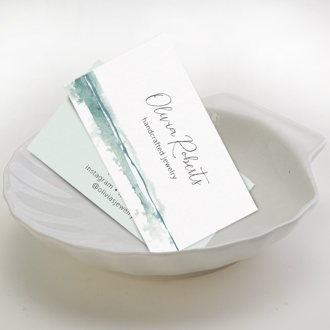Tarjeta De Visita Moderno Script Pequeño de Acuarela Verde (Modern Watercolor Stripe Script Small Business Card)