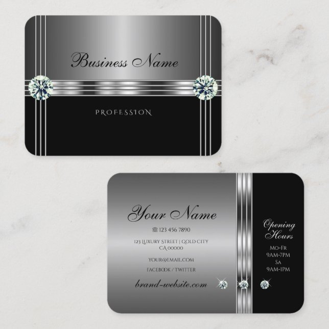 Tarjeta De Visita Moderno Silver y Black Faux Diamonds Profesional (Anverso / Reverso)