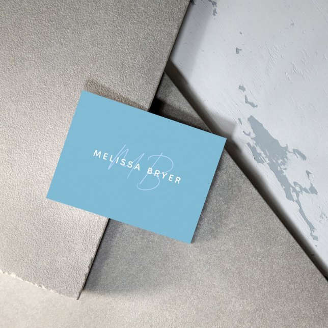 Tarjeta De Visita Moderno Simple Patel Azul Monogramado (Modern Simple Patel Blue Monogrammed Business Card)