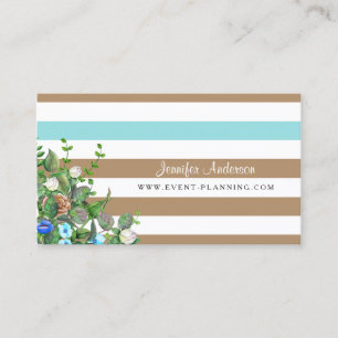 Tarjeta De Visita Moderno Tan Floral Aqua Stripe Planificador de Eve