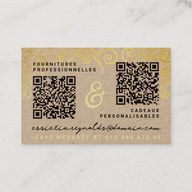 Tarjeta De Visita Moderno Tan Gold y caligrafía negra añaden 2 códig (Reverso)