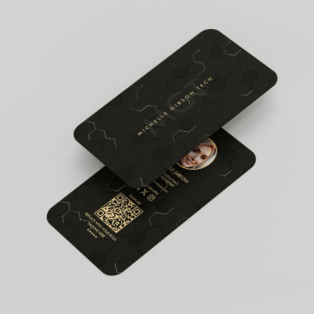 Tarjeta De Visita Moderno técnico de TI Hexagon Black Gold Monograma (Modern Tech Hexagon Black Gold Monogram Business Card
)