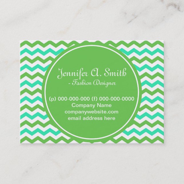 Tarjeta De Visita moderno, verde fresco y azul acuático chevron zigz (Anverso)