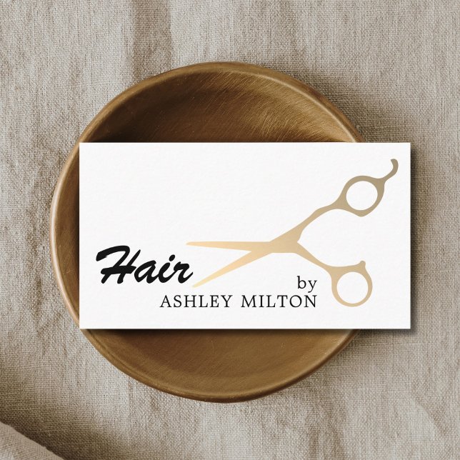 Tarjeta De Visita Moderno White Faux Gold Scissors Hairstylist (Subido por el creador)