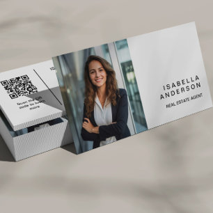 Tarjeta De Visita Moderno White Real Estate Professional Photo QR