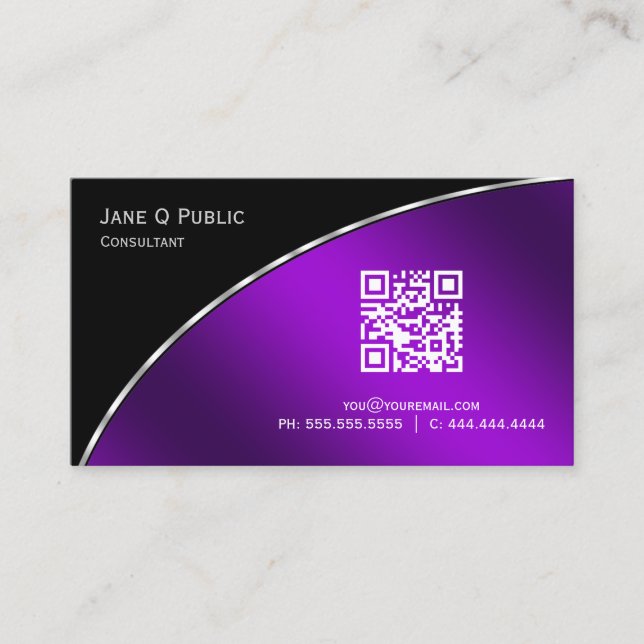 Tarjeta De Visita Moderno y brillante Púrpura QR Elegante Profesiona (Anverso)
