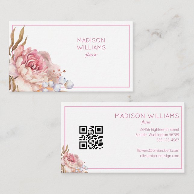 Tarjeta De Visita Moderno y elegante acuarela Floral Florismo QR Cód (Anverso / Reverso)