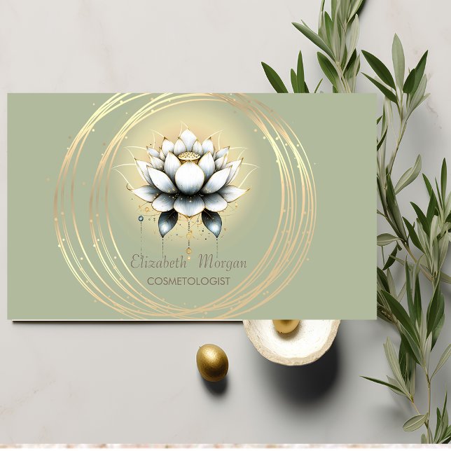 Tarjeta De Visita Moderno y elegante blanco Lotus Gold Circles Green (Subido por el creador)