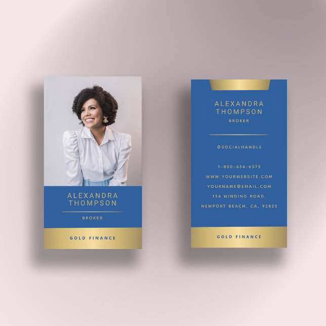 Tarjeta De Visita Moderno y elegante Blue Gold CEO Professional Phot (real estate photo business card sky blue gold elegant simple modern professional broker agent classy)