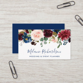 Tarjeta De Visita Moderno y elegante Burgundy Classic Floral Azul