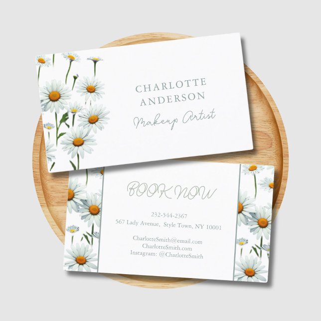 Tarjeta De Visita Moderno y elegante Daisy Blanco Floral Trendy Busi (Modern daisy business card.)