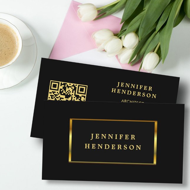 Tarjeta De Visita Moderno y elegante dorado negro QR código profesio (Modern elegant chic gold, QR code, gold black business card. )
