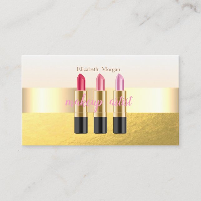 Tarjeta De Visita Moderno y elegante Faux Gold,Lipstick,Makeup Artis (Anverso)