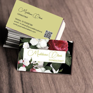 Tarjeta De Visita Moderno y elegante floral Borgoña Código QR Gold
