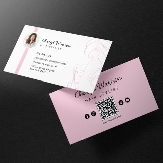 Tarjeta De Visita Moderno y elegante Hairstylist Photo Pink QR Code
