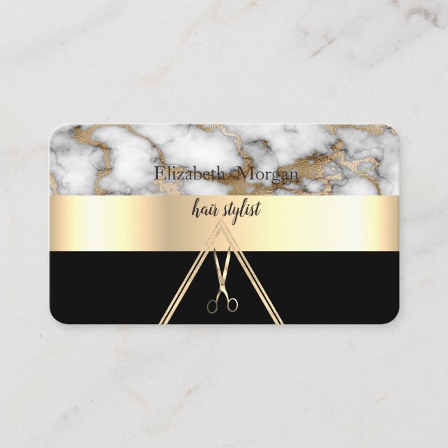 Tarjeta De Visita Moderno y elegante mármol blanco negro, oro, tijer (Anverso)