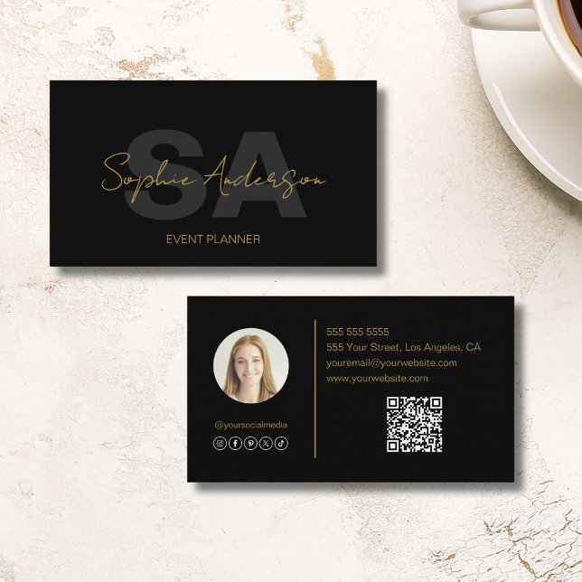 Tarjeta De Visita Moderno y elegante Monograma Black Gold Profesiona (Modern Elegant Monogram Black Gold Professional Business Card)