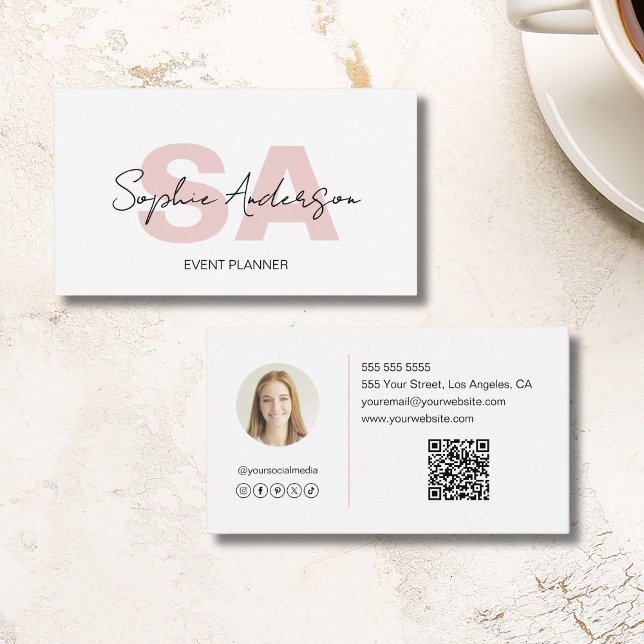 Tarjeta De Visita Moderno y elegante Monograma Blanco Rosa (Modern Elegant Monogram White Pink Business Card)