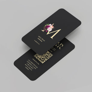 Tarjeta De Visita Moderno y elegante Monograma M Floral Oro Negro
