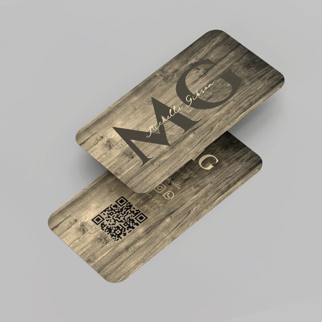 Tarjeta De Visita Moderno y elegante Monograma Madera de madera QR (Modern Elegant Monogram Wood Woodworking Rustic Gold Wood Worker QR Business Card
)