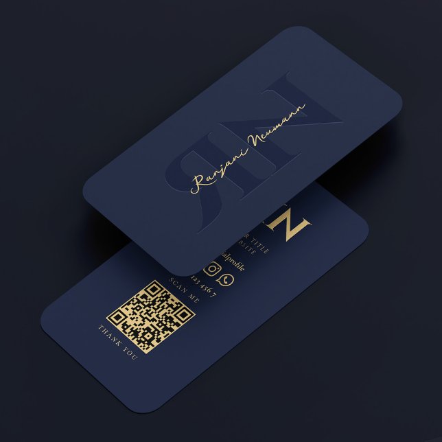 Tarjeta De Visita Moderno y elegante Monograma negro azul de la Mari (Modern Elegant Monogram Reversed Dark Navy Blue Business Card
)