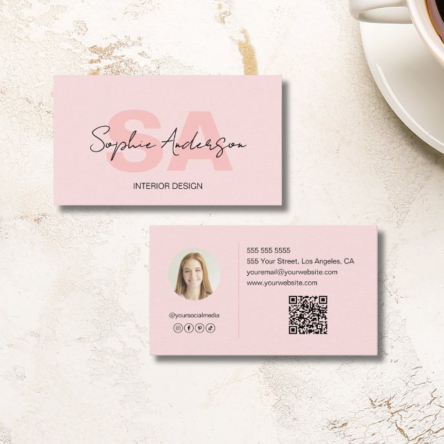 Tarjeta De Visita Moderno y elegante Monograma Rubor Rosa (Modern Elegant Monogram Blush Pink Business Card)
