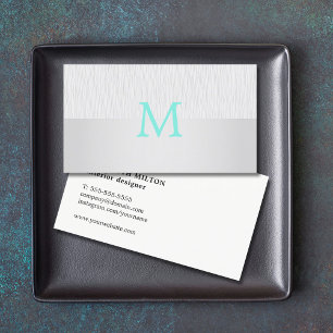 Tarjeta De Visita Moderno y elegante Monograma Turquesa Faux Silver