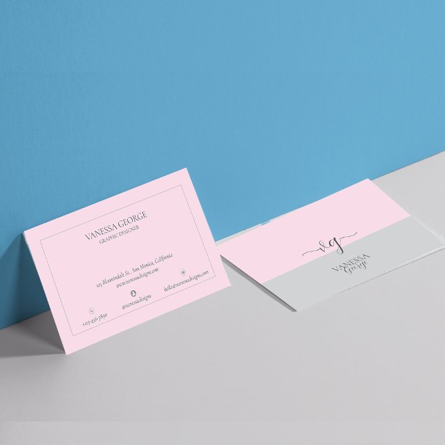 Tarjeta De Visita Moderno y elegante Personalizado de monograma de g (Modern Elegant Cute Pink Grey Monogram Custom Business Card)