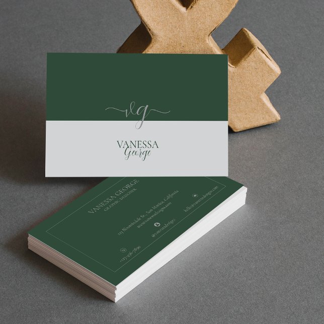 Tarjeta De Visita Moderno y elegante Personalizado de Monograma Verd (Modern Elegant Cute Green Grey Monogram Custom Business Card)