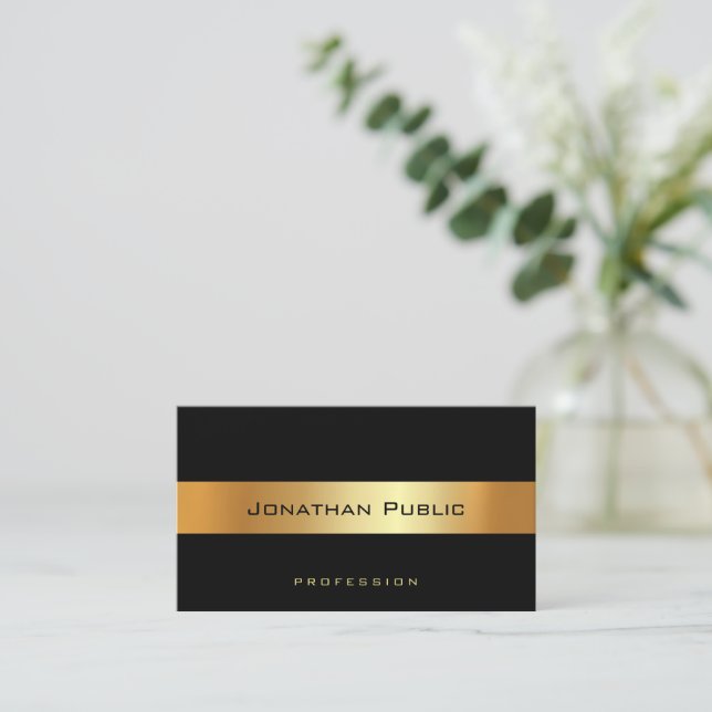 Tarjeta De Visita Moderno y elegante profesional de oro negro (Anverso de pie)