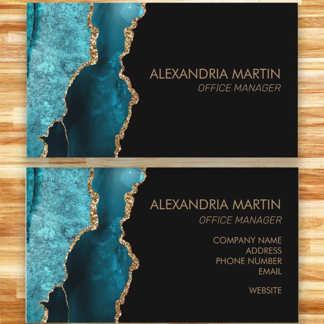 Tarjeta De Visita Moderno y elegante Purpurina de oro negro Verde az (Modern teal, black, and gold marble business card.)