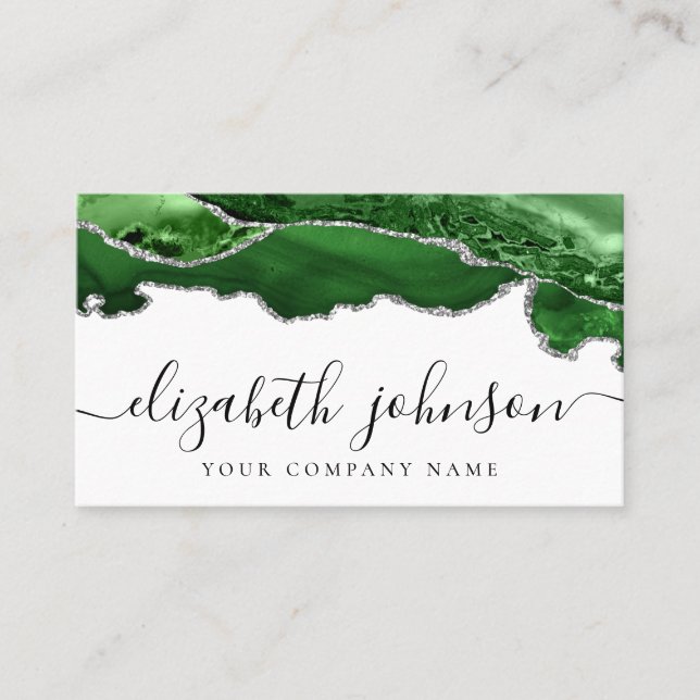 Tarjeta De Visita Moderno y elegante Purpurina de Plata Verde Agate  (Anverso)