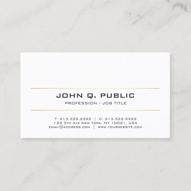 Tarjeta De Visita Moderno y elegante Sleek Plain Gold Stripes Blanco (Anverso)