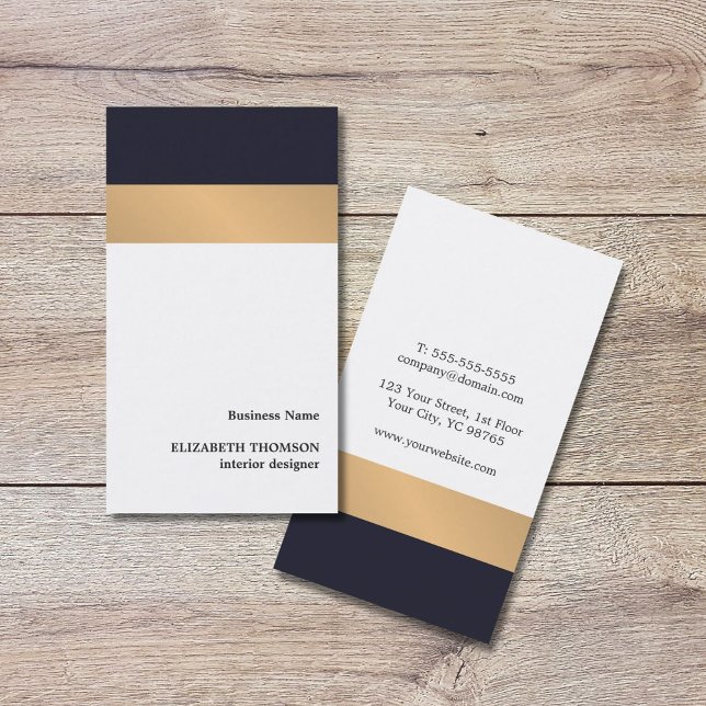 Tarjeta De Visita Moderno y elegante Stripes Blue Faux Gold Designer (Subido por el creador)