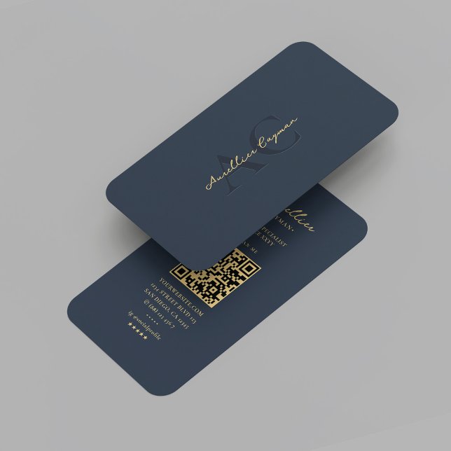 Tarjeta De Visita Moderno y oscuro dorado azul profesional (Modern Dark Blue Gold Monogram Professional Marketing Networking QR 
Code Elegant Business Card
)