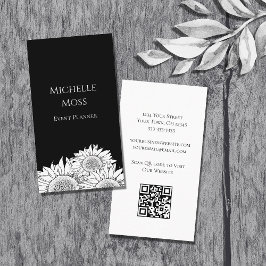 Tarjeta De Visita Modernos girasoles código QR Boho blanco negro