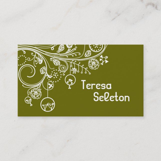 Tarjeta De Visita Modernos girasoles florales y aves verde oliva (Anverso)