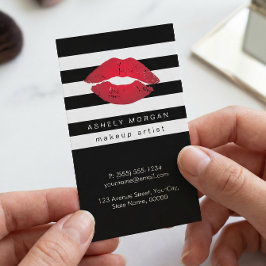 Tarjeta De Visita Modernos labios rojos maquillados - franjas blanca