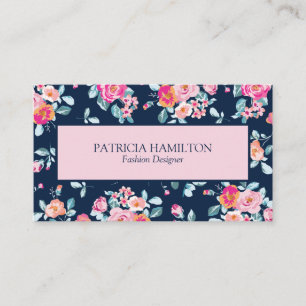 Tarjeta De Visita Mono floral rosa vibrante lindo sobre azul marino