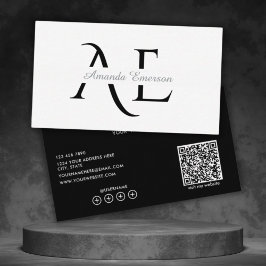 Tarjeta De Visita  Monogram Black And White Simple Qr Code 